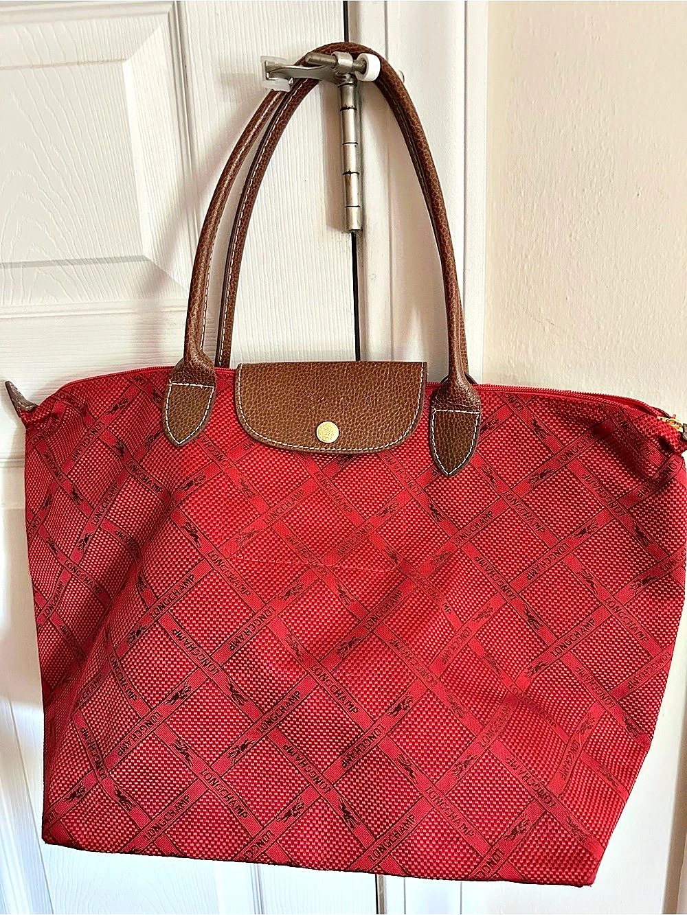 Longchamp LM Jacquard Tote Bag in Red & Brown